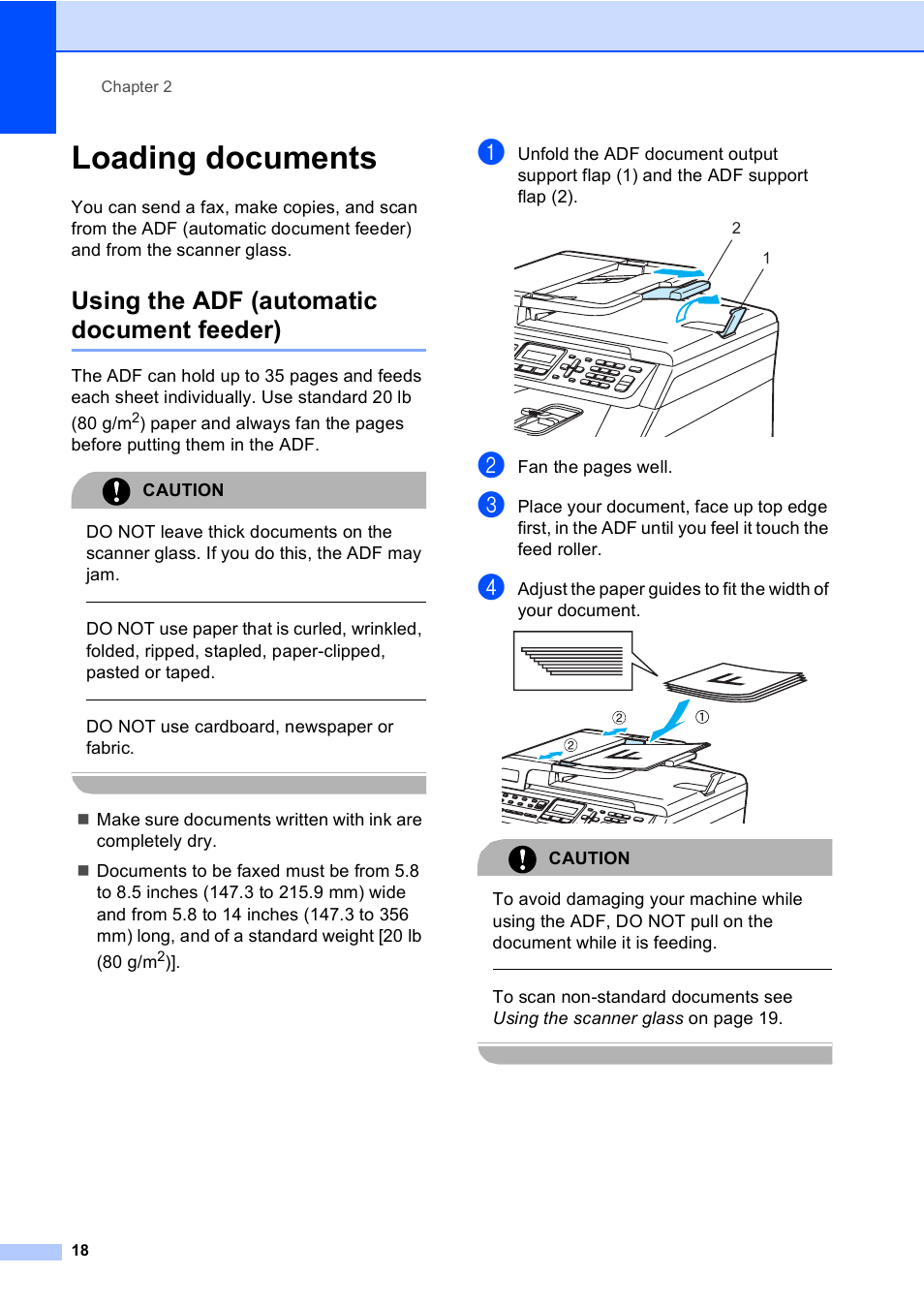 Loading documents, Using the adf (automatic document feeder), Do not use cardboard, newspaper or fabric | Fan the pages well, Caution | Brother MFC-9450CDN User Manual | Page 34 / 252
