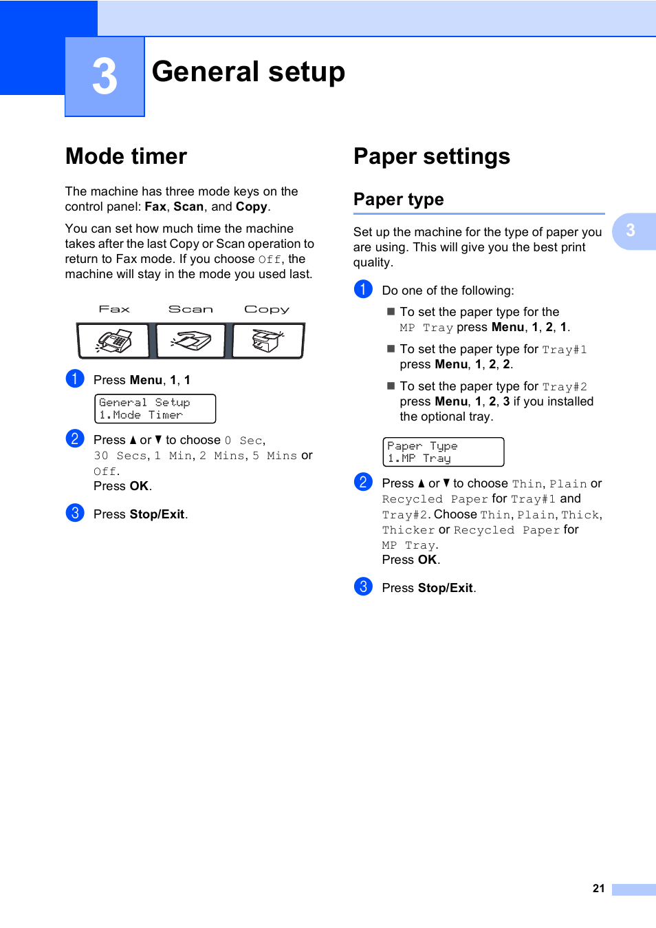 3 general setup, Mode timer, Paper settings | Paper type, General setup, Mode timer paper settings | Brother MFC-9450CDN User Manual | Page 37 / 252