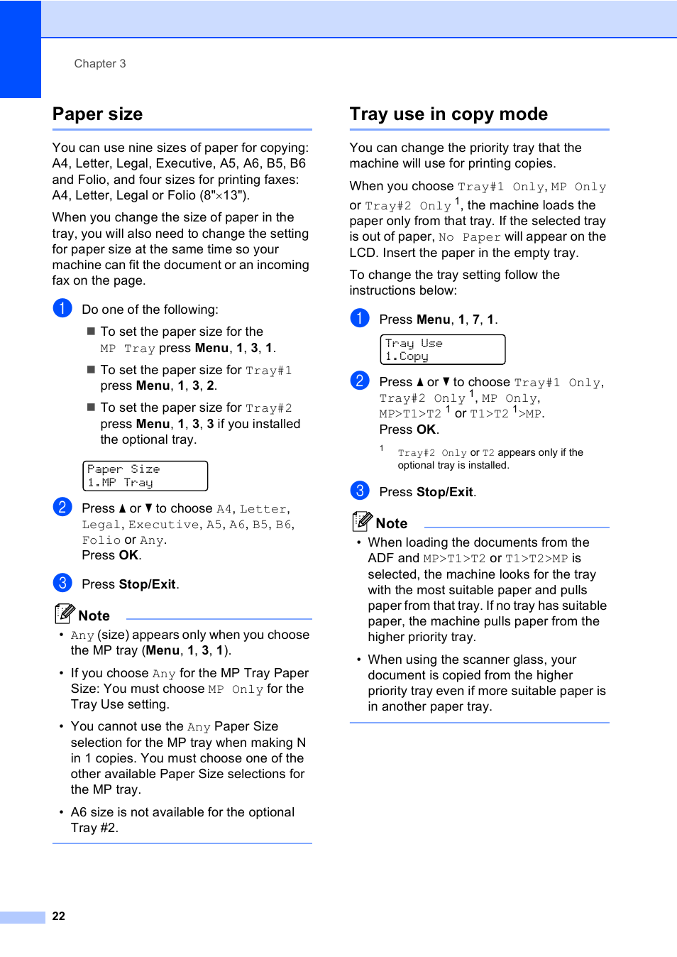 Paper size, Tray use in copy mode, Paper size tray use in copy mode | Brother MFC-9450CDN User Manual | Page 38 / 252