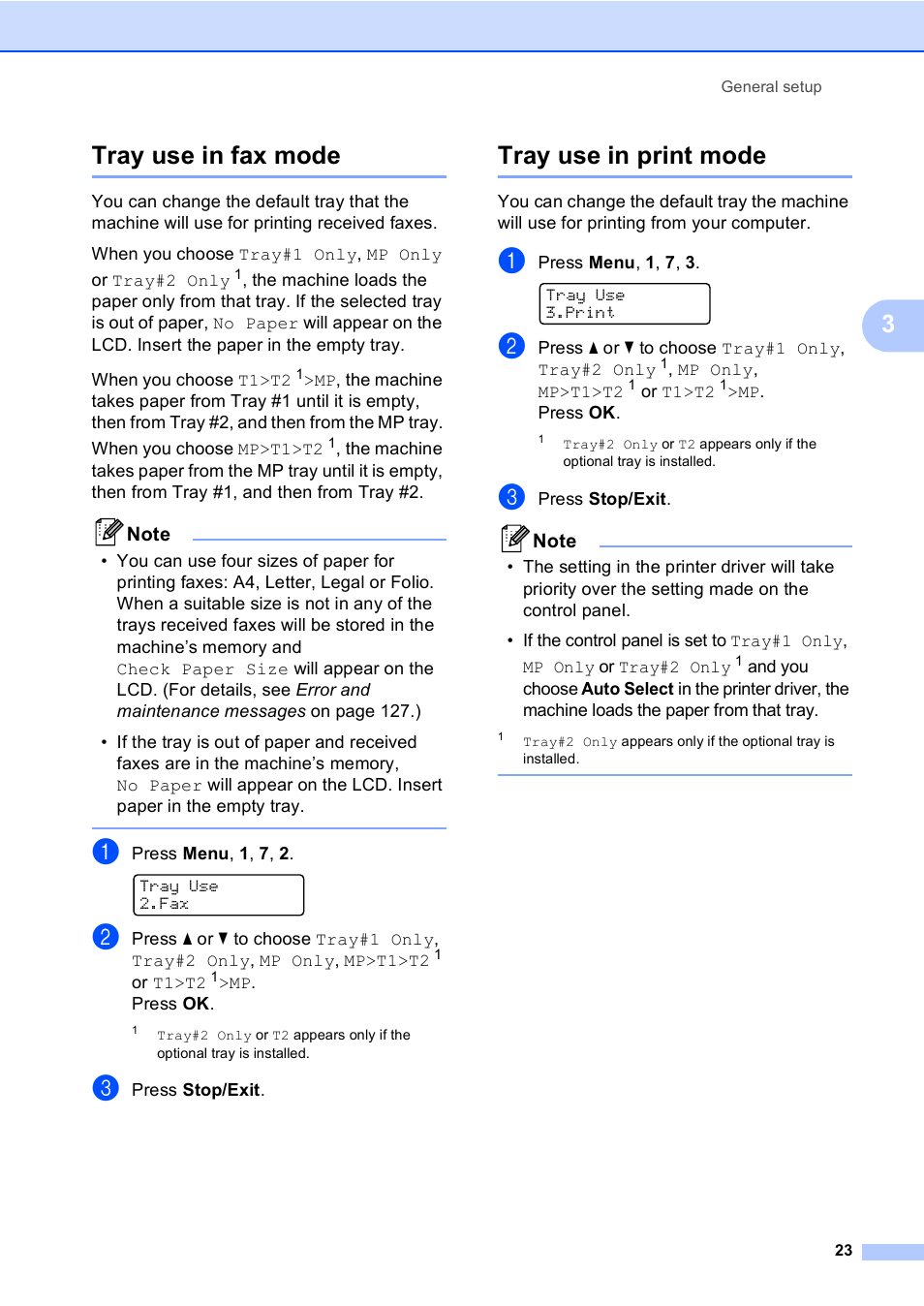 Tray use in fax mode, Tray use in print mode, Tray use in fax mode tray use in print mode | 3tray use in fax mode | Brother MFC-9450CDN User Manual | Page 39 / 252