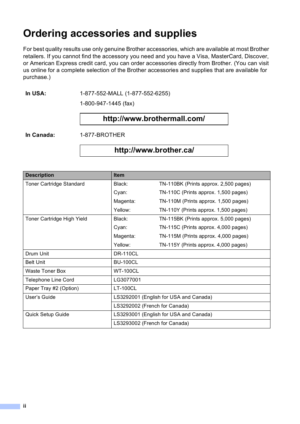 Ordering accessories and supplies | Brother MFC-9450CDN User Manual | Page 4 / 252