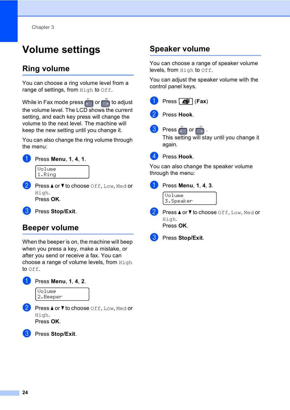 Volume settings, Ring volume, Beeper volume | Speaker volume, Ring volume beeper volume speaker volume | Brother MFC-9450CDN User Manual | Page 40 / 252