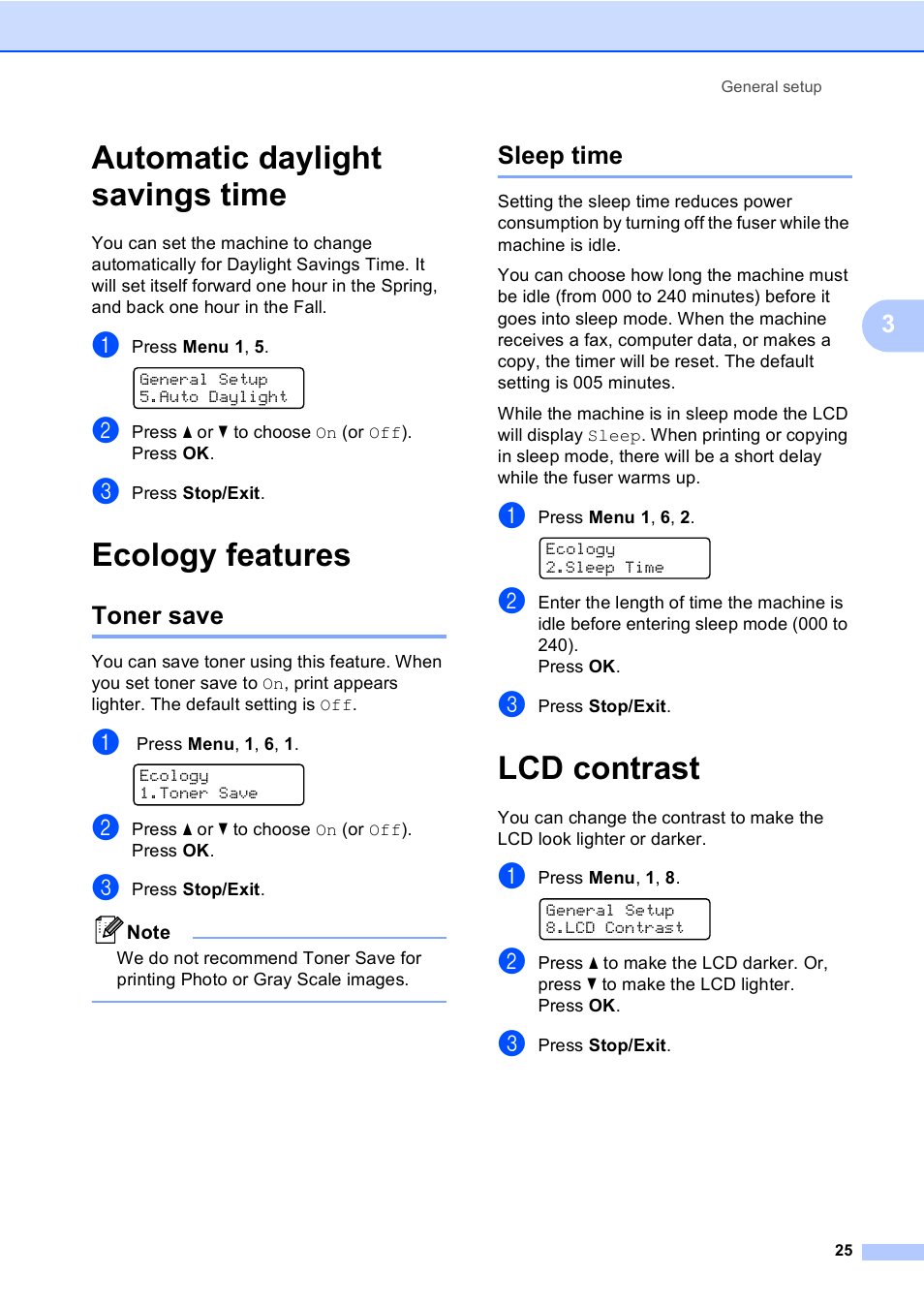 Automatic daylight savings time, Ecology features, Toner save | Sleep time, Lcd contrast, Automatic daylight savings time ecology features, Toner save sleep time | Brother MFC-9450CDN User Manual | Page 41 / 252