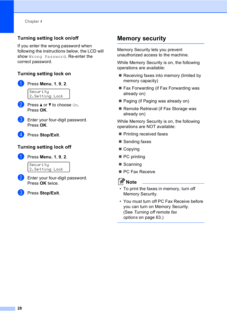 Turning setting lock on/off, Turning setting lock on, Turning setting lock off | Memory security | Brother MFC-9450CDN User Manual | Page 44 / 252