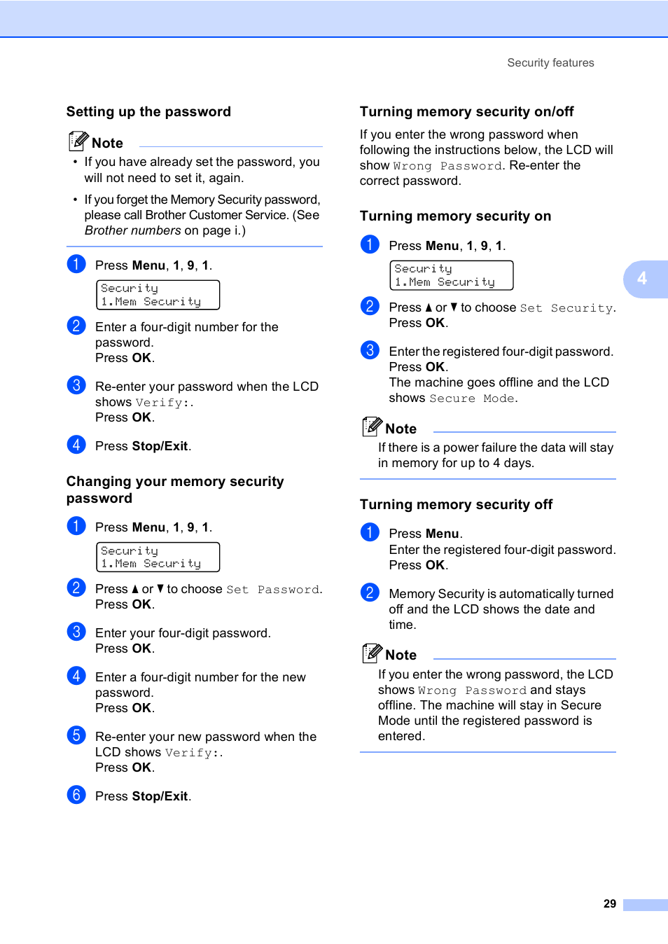 Setting up the password, Changing your memory security password, Turning memory security on/off | Turning memory security on, Turning memory security off | Brother MFC-9450CDN User Manual | Page 45 / 252