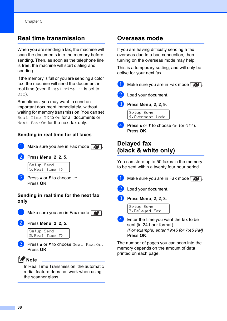 Real time transmission, Sending in real time for all faxes, Sending in real time for the next fax only | Overseas mode, Delayed fax (black & white only) | Brother MFC-9450CDN User Manual | Page 54 / 252