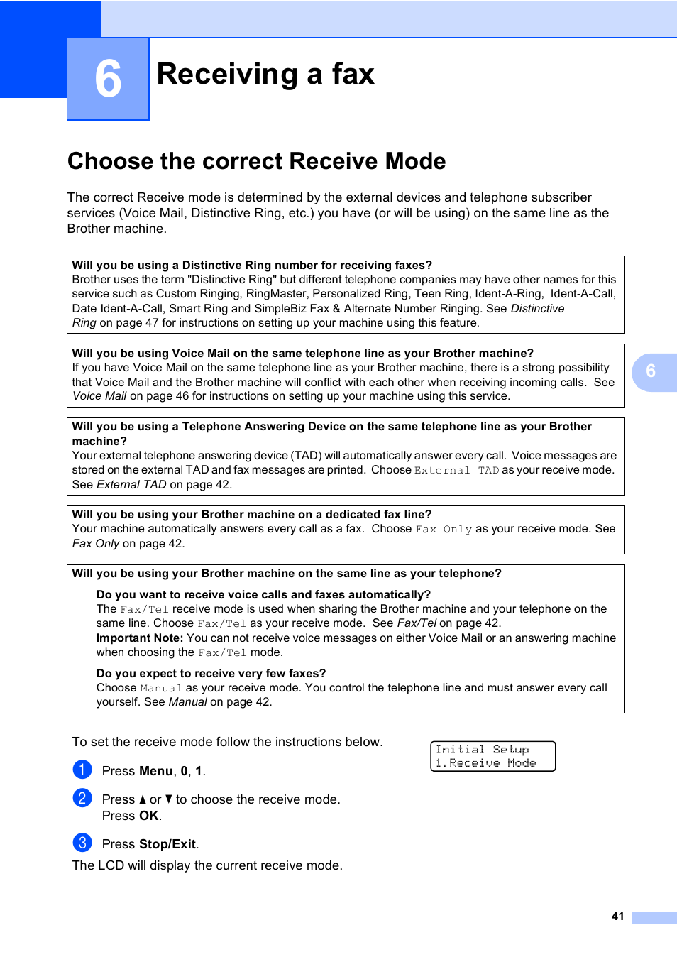 6 receiving a fax, Choose the correct receive mode, Receiving a fax | Brother MFC-9450CDN User Manual | Page 57 / 252