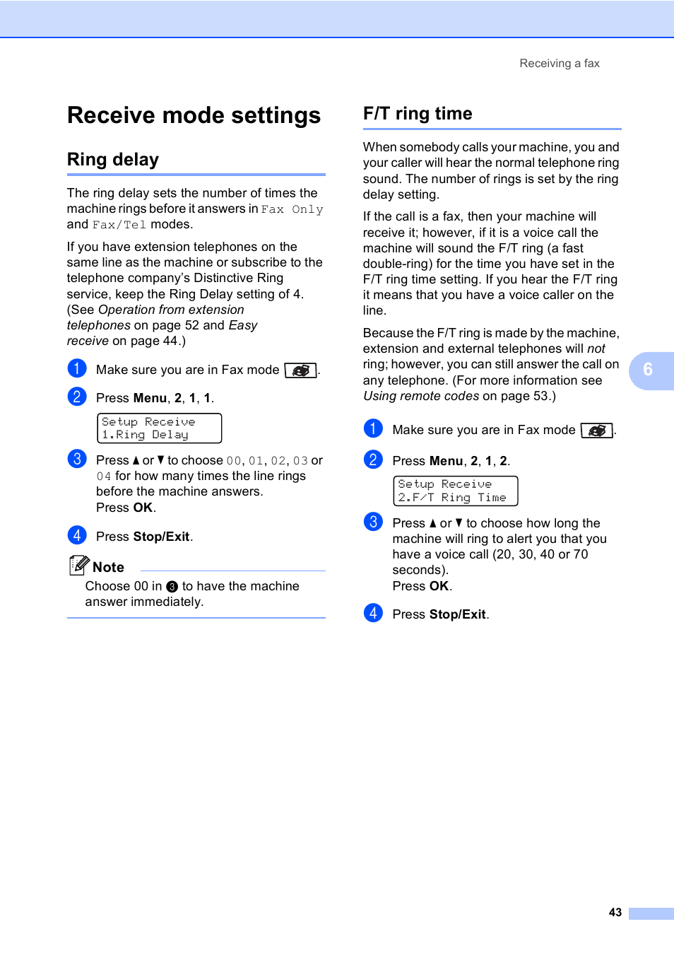 Receive mode settings, Ring delay, F/t ring time | Ring delay f/t ring time | Brother MFC-9450CDN User Manual | Page 59 / 252