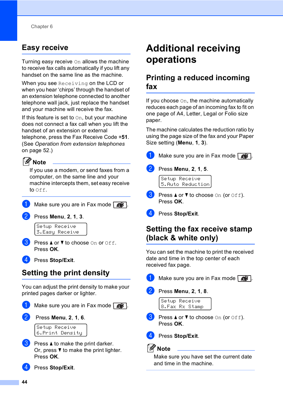 Easy receive, Setting the print density, Additional receiving operations | Printing a reduced incoming fax, Setting the fax receive stamp (black & white only), Easy receive setting the print density | Brother MFC-9450CDN User Manual | Page 60 / 252