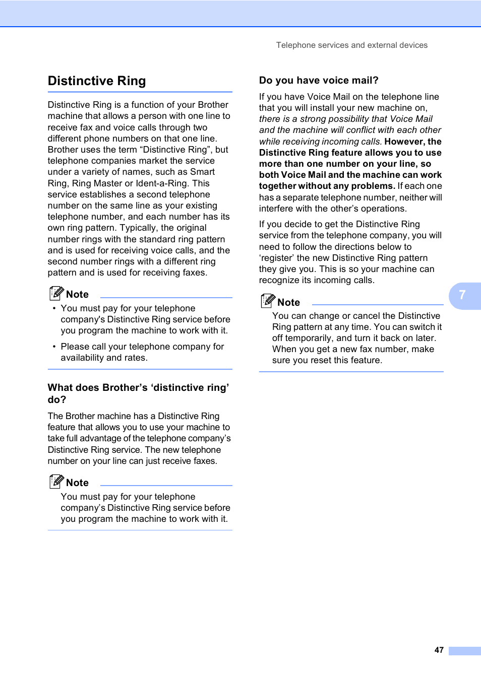 Distinctive ring, What does brother’s ‘distinctive ring’ do, Do you have voice mail | 7distinctive ring | Brother MFC-9450CDN User Manual | Page 63 / 252