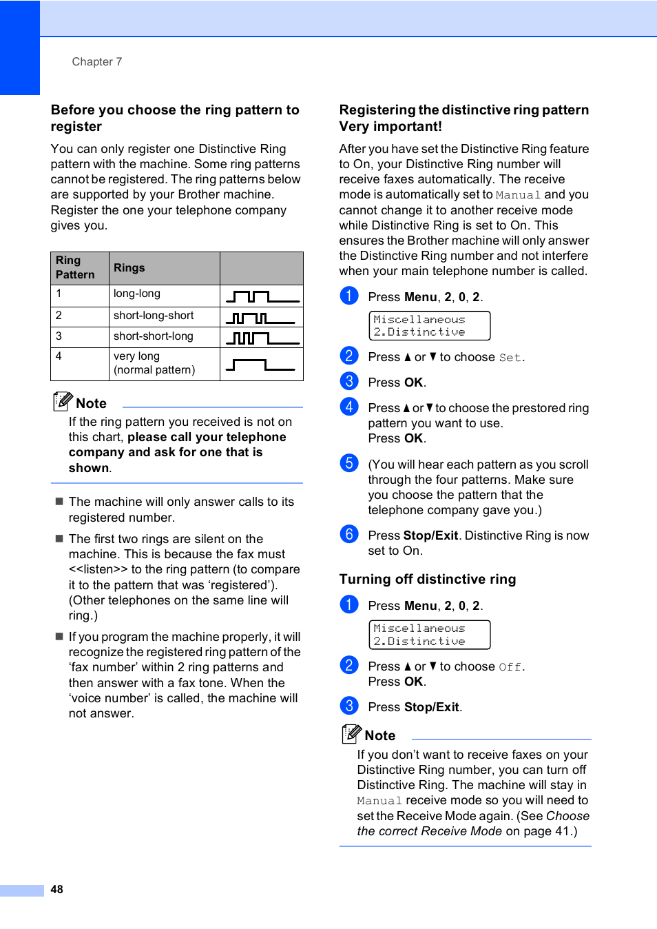 Before you choose the ring pattern to register, Turning off distinctive ring | Brother MFC-9450CDN User Manual | Page 64 / 252