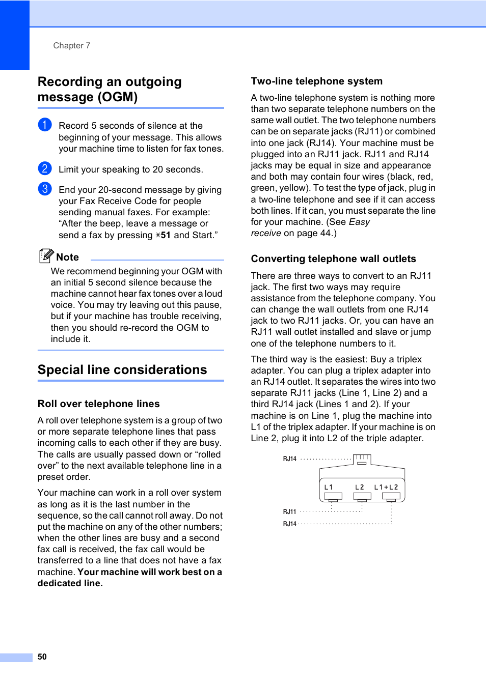 Recording an outgoing message (ogm), Special line considerations, Roll over telephone lines | Two-line telephone system, Converting telephone wall outlets | Brother MFC-9450CDN User Manual | Page 66 / 252