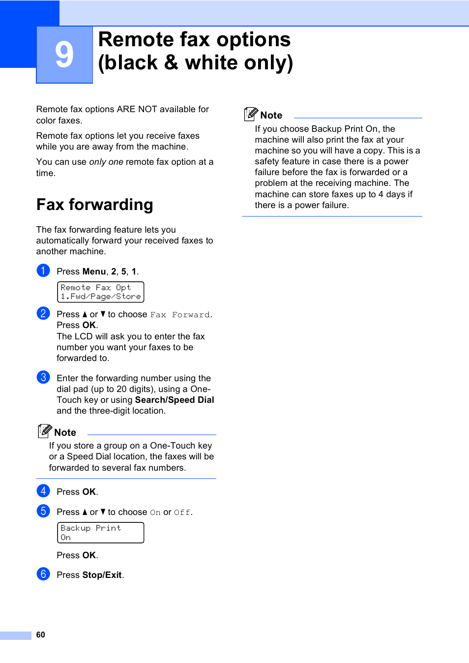 9 remote fax options (black & white only), Fax forwarding, Remote fax options (black & white only) | Brother MFC-9450CDN User Manual | Page 76 / 252