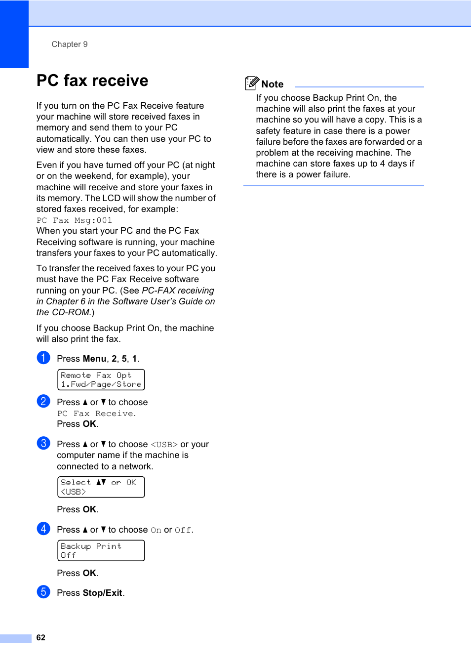 Pc fax receive | Brother MFC-9450CDN User Manual | Page 78 / 252