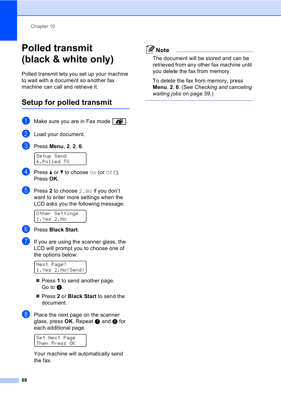 Polled transmit (black & white only), Setup for polled transmit | Brother MFC-9450CDN User Manual | Page 84 / 252