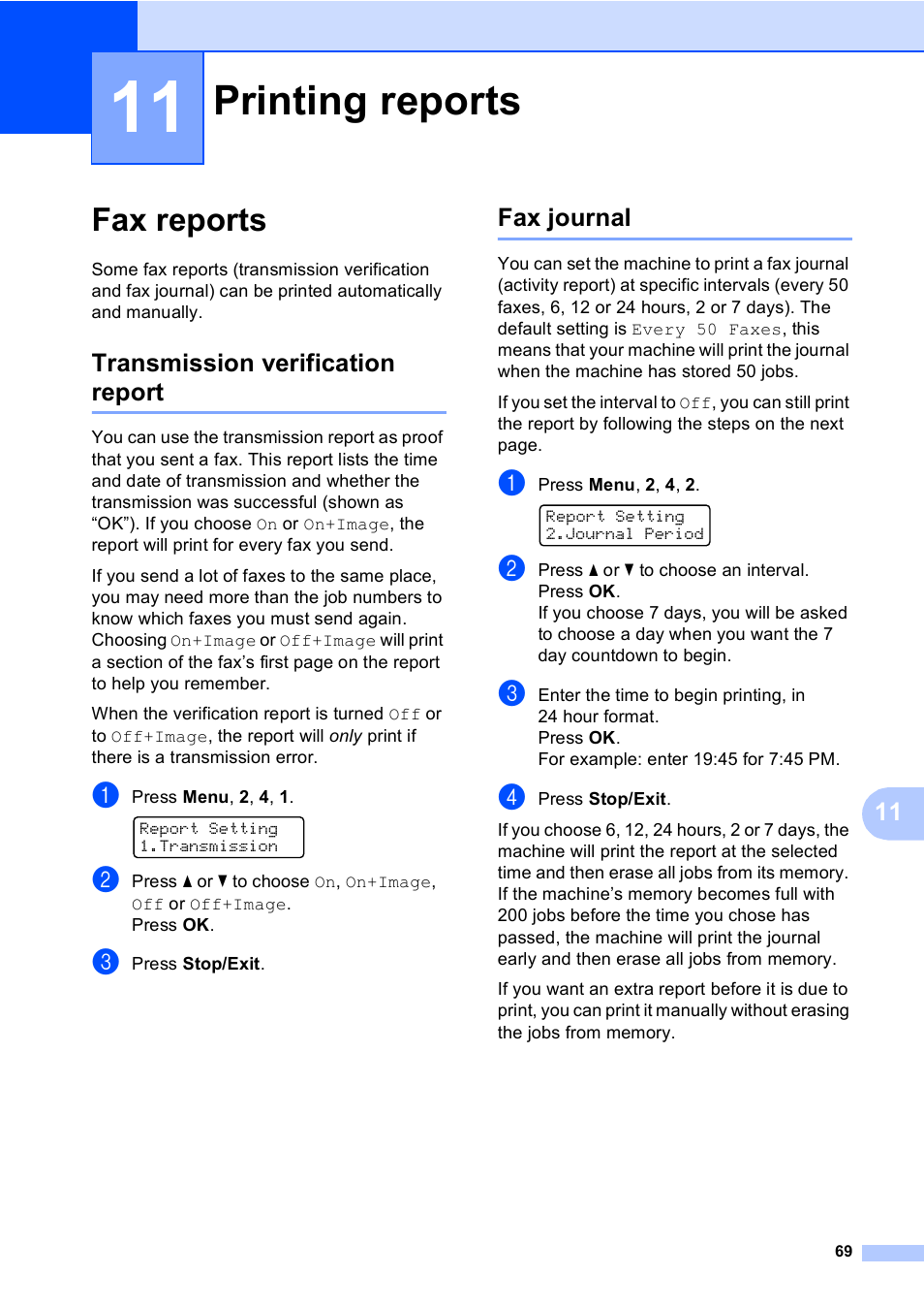 11 printing reports, Fax reports, Transmission verification report | Fax journal, Printing reports, Transmission verification report fax journal | Brother MFC-9450CDN User Manual | Page 85 / 252