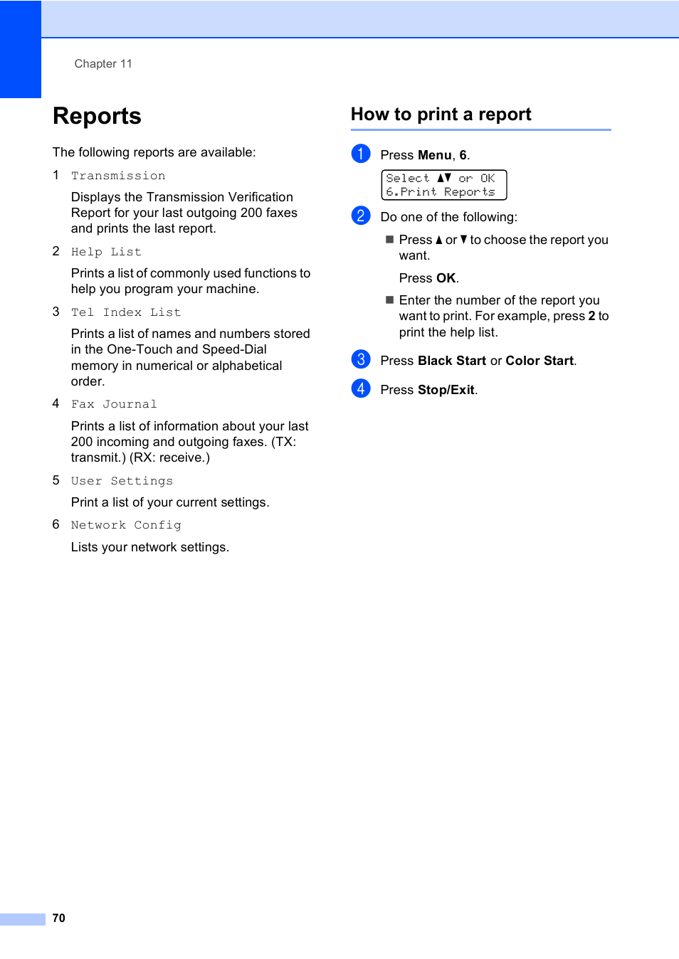 Reports, How to print a report | Brother MFC-9450CDN User Manual | Page 86 / 252