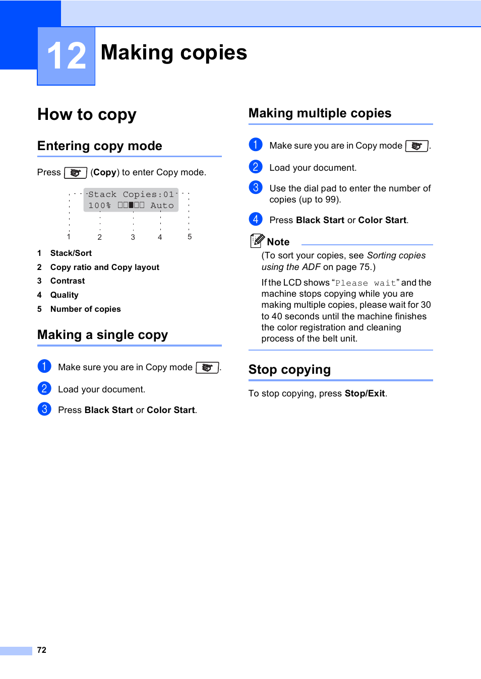 12 making copies, How to copy, Entering copy mode | Making a single copy, Making multiple copies, Stop copying, Making copies | Brother MFC-9450CDN User Manual | Page 88 / 252