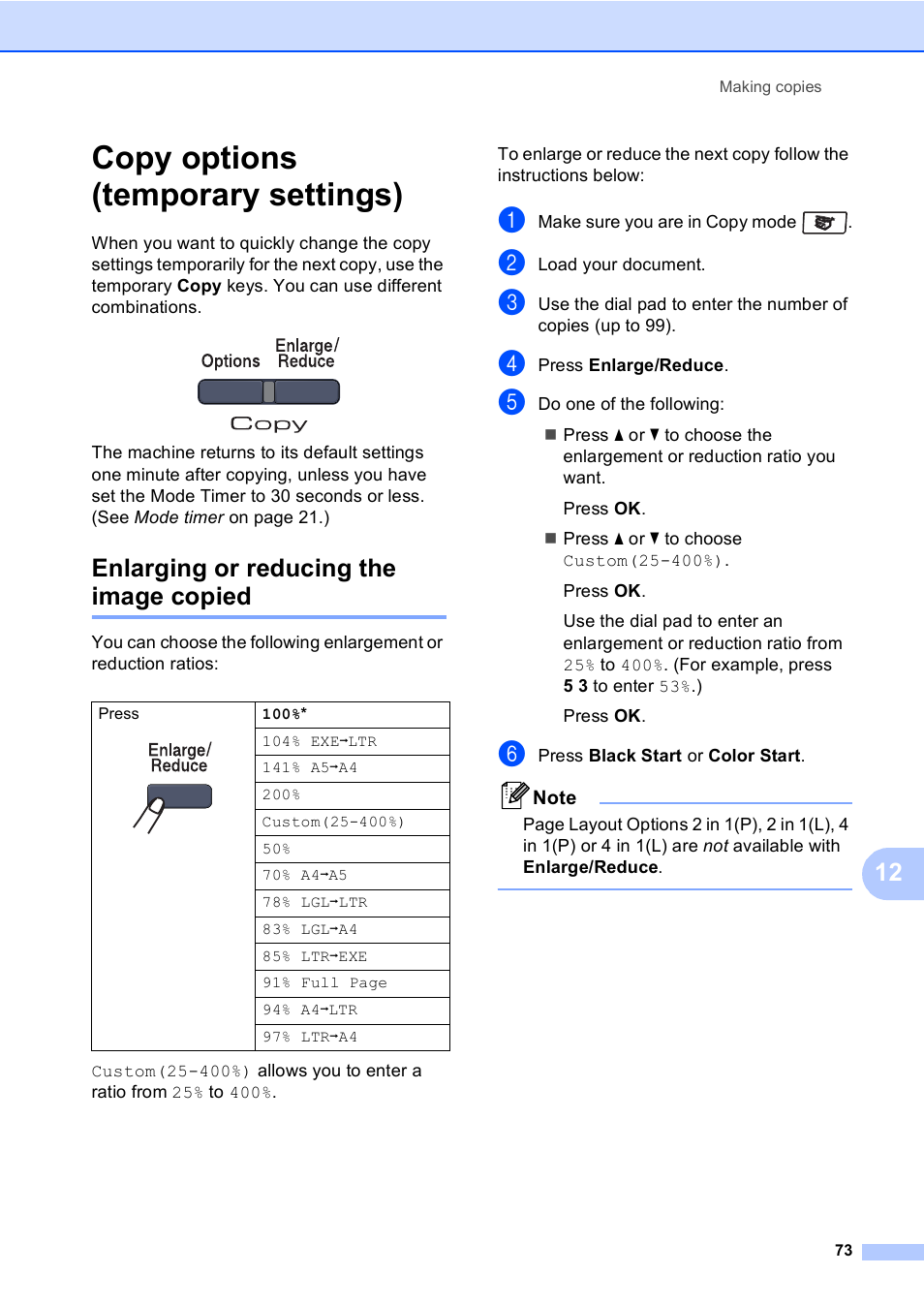 Copy options (temporary settings), Enlarging or reducing the image copied | Brother MFC-9450CDN User Manual | Page 89 / 252
