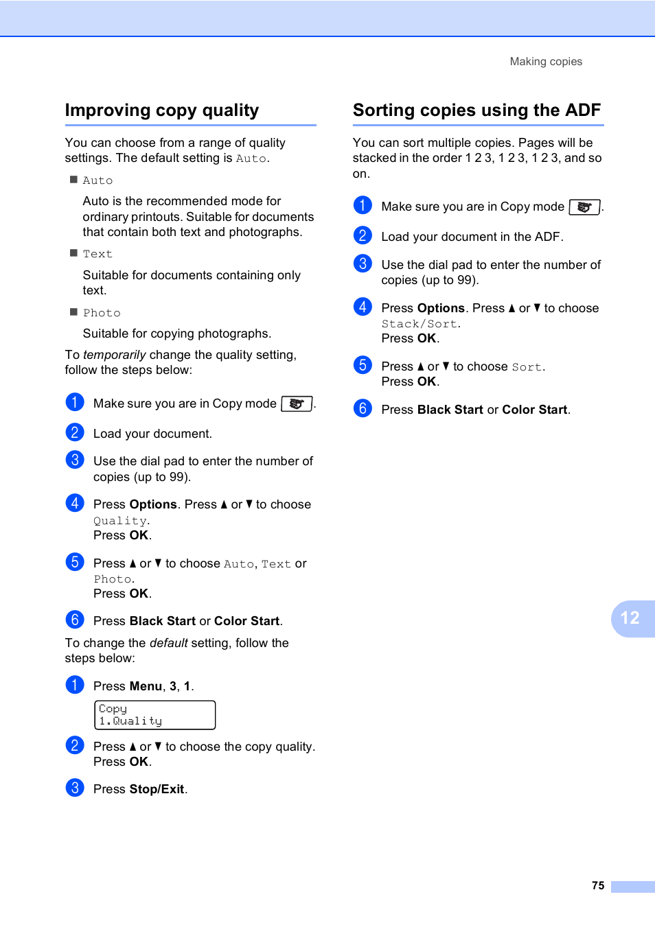 Improving copy quality, Sorting copies using the adf, 12 improving copy quality | Brother MFC-9450CDN User Manual | Page 91 / 252
