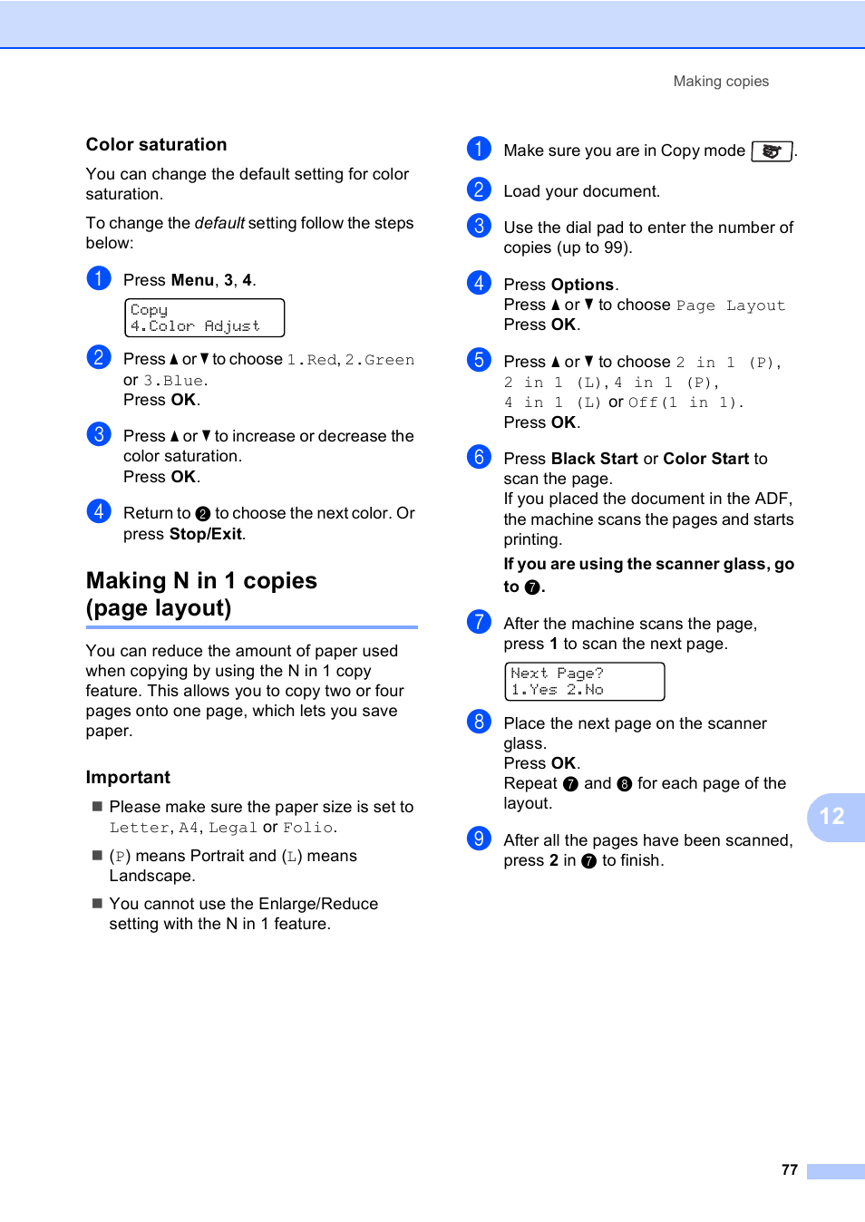 Color saturation, Important, Making n in 1 copies (page layout) | Brother MFC-9450CDN User Manual | Page 93 / 252