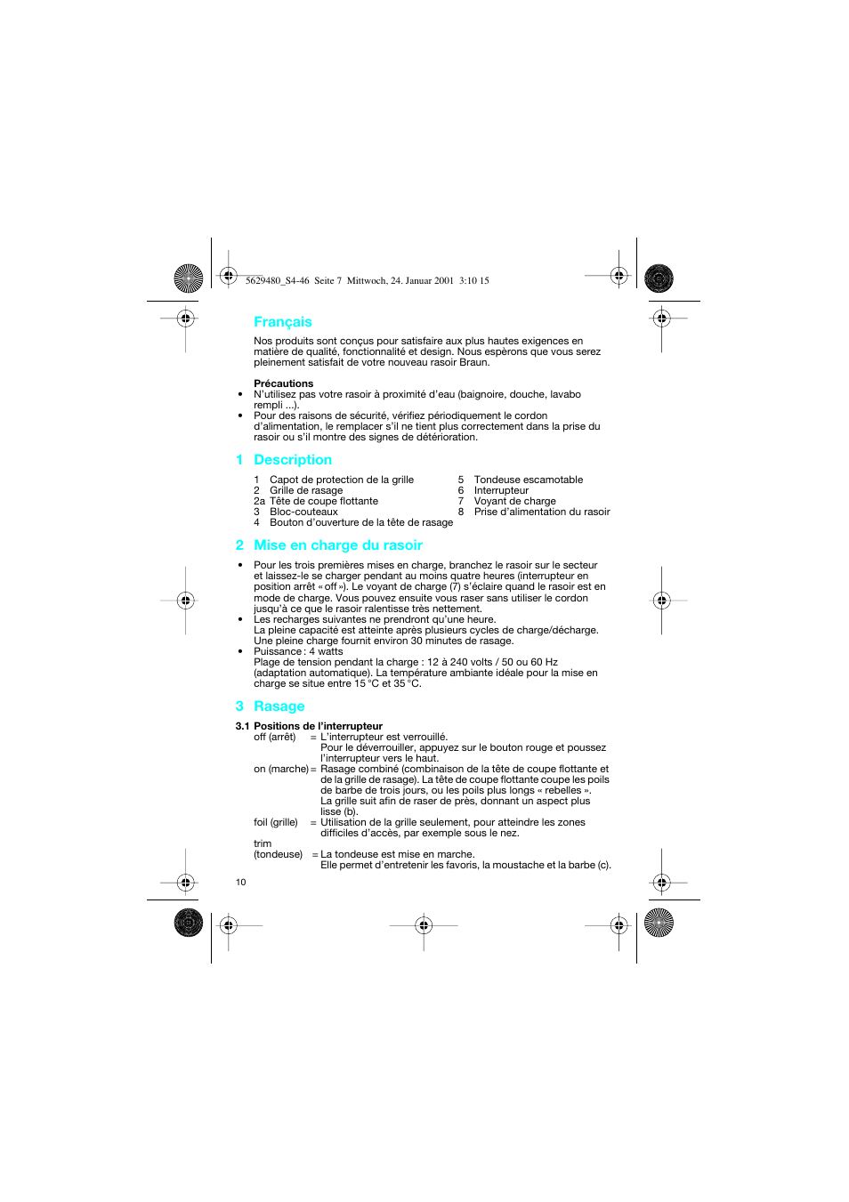 Français, 1 description, 2 mise en charge du rasoir | 3 rasage | Braun 3612 InterFace User Manual | Page 10 / 46