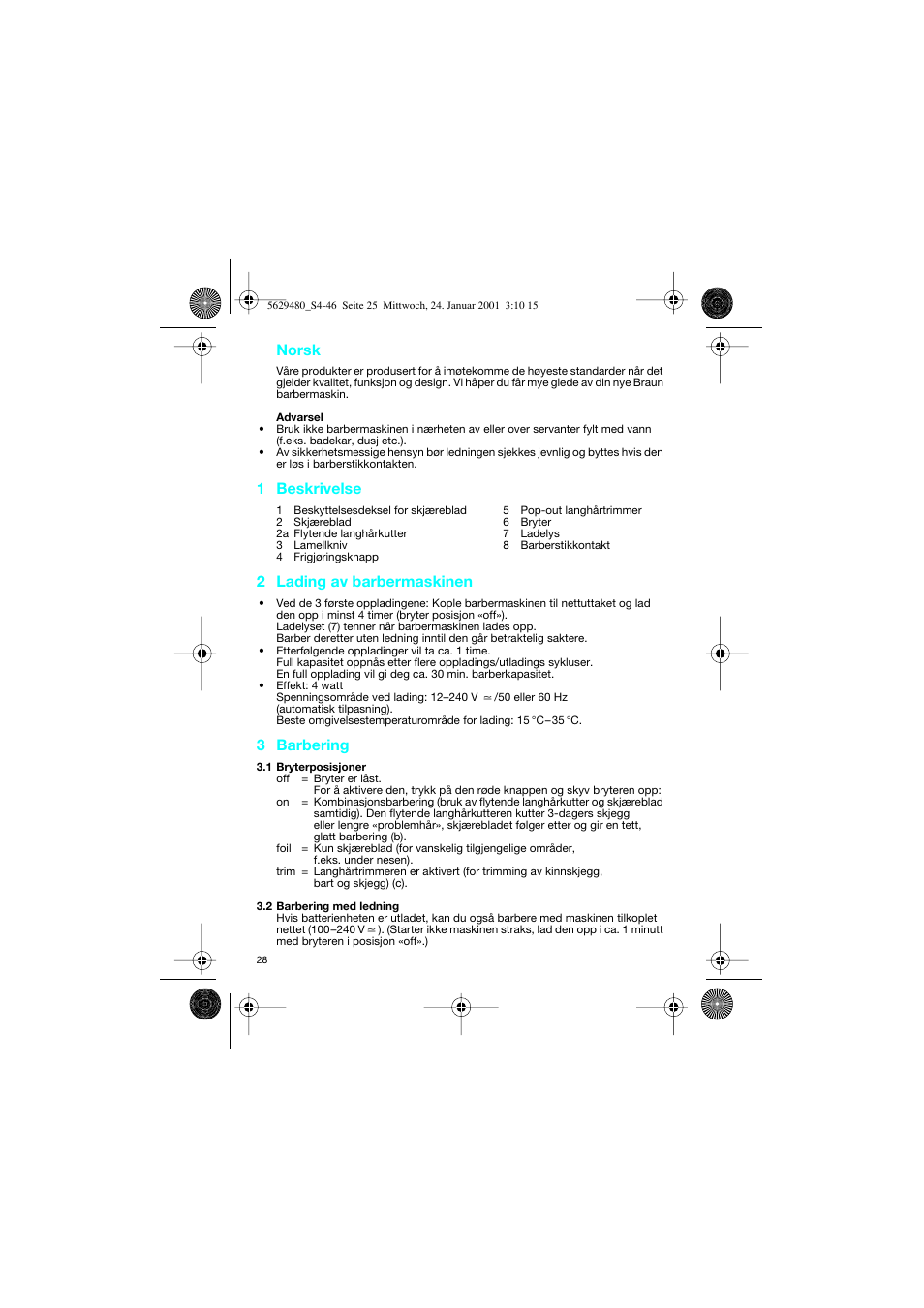 Norsk, 1 beskrivelse, 2 lading av barbermaskinen | 3 barbering | Braun 3612 InterFace User Manual | Page 28 / 46