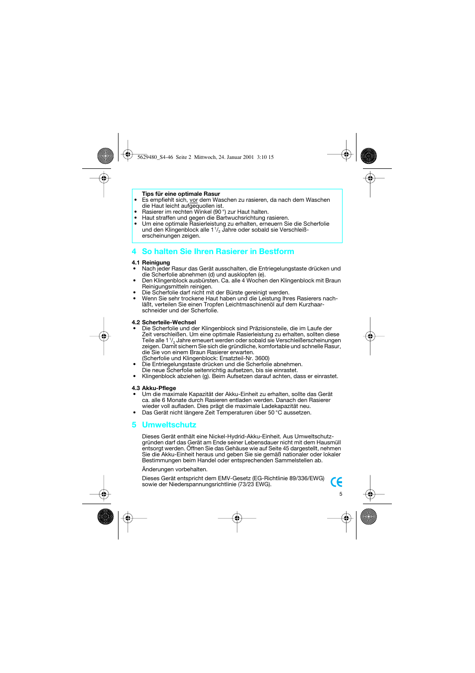 4 so halten sie ihren rasierer in bestform, 5 umweltschutz | Braun 3612 InterFace User Manual | Page 5 / 46