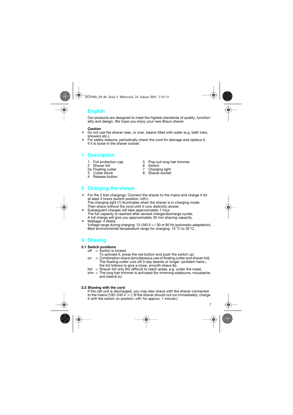 English, 1 description, 2 charging the shaver | 3 shaving | Braun 3612 InterFace User Manual | Page 7 / 46