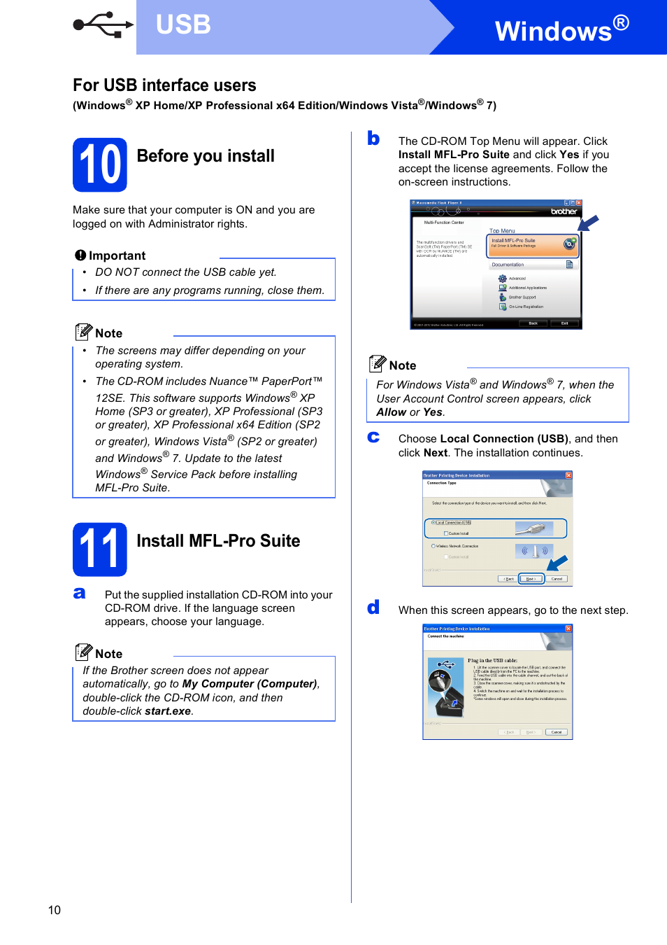 10 before you install, 11 install mfl-pro suite, Windows | For usb interface users, Before you install, Install mfl-pro suite | Brother DCP-J140W User Manual | Page 10 / 32
