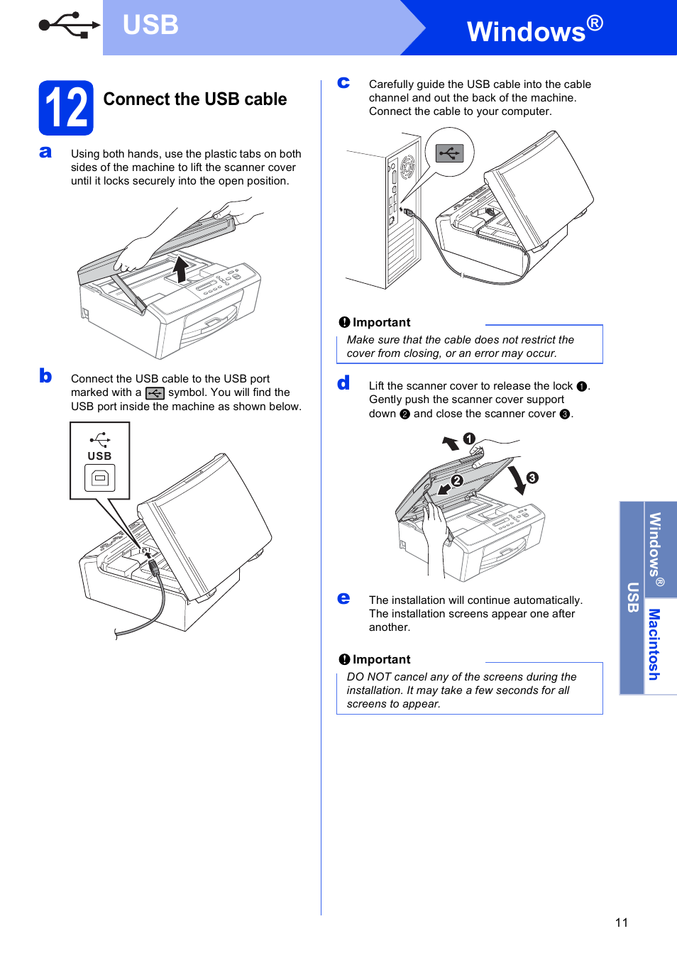 12 connect the usb cable, Windows | Brother DCP-J140W User Manual | Page 11 / 32