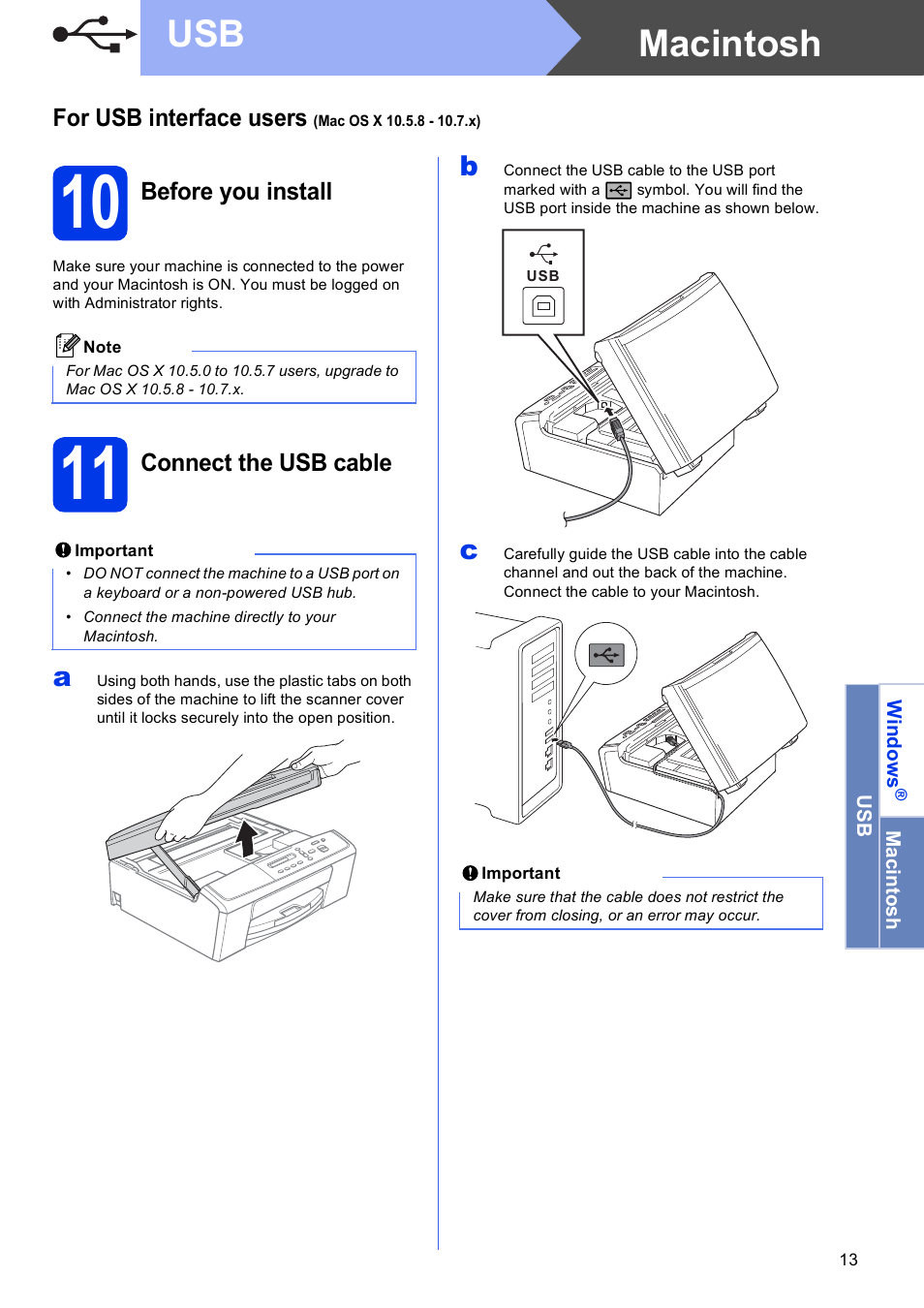 For usb interface users (mac os x 10.5.8 - 10.7.x), 10 before you install, 11 connect the usb cable | Macintosh usb | Brother DCP-J140W User Manual | Page 13 / 32