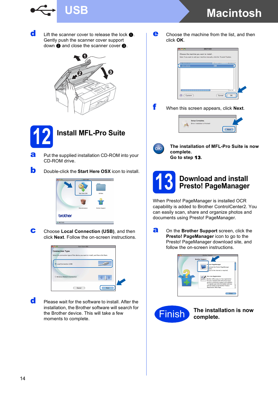 12 install mfl-pro suite, Macintosh usb, Finish | Brother DCP-J140W User Manual | Page 14 / 32