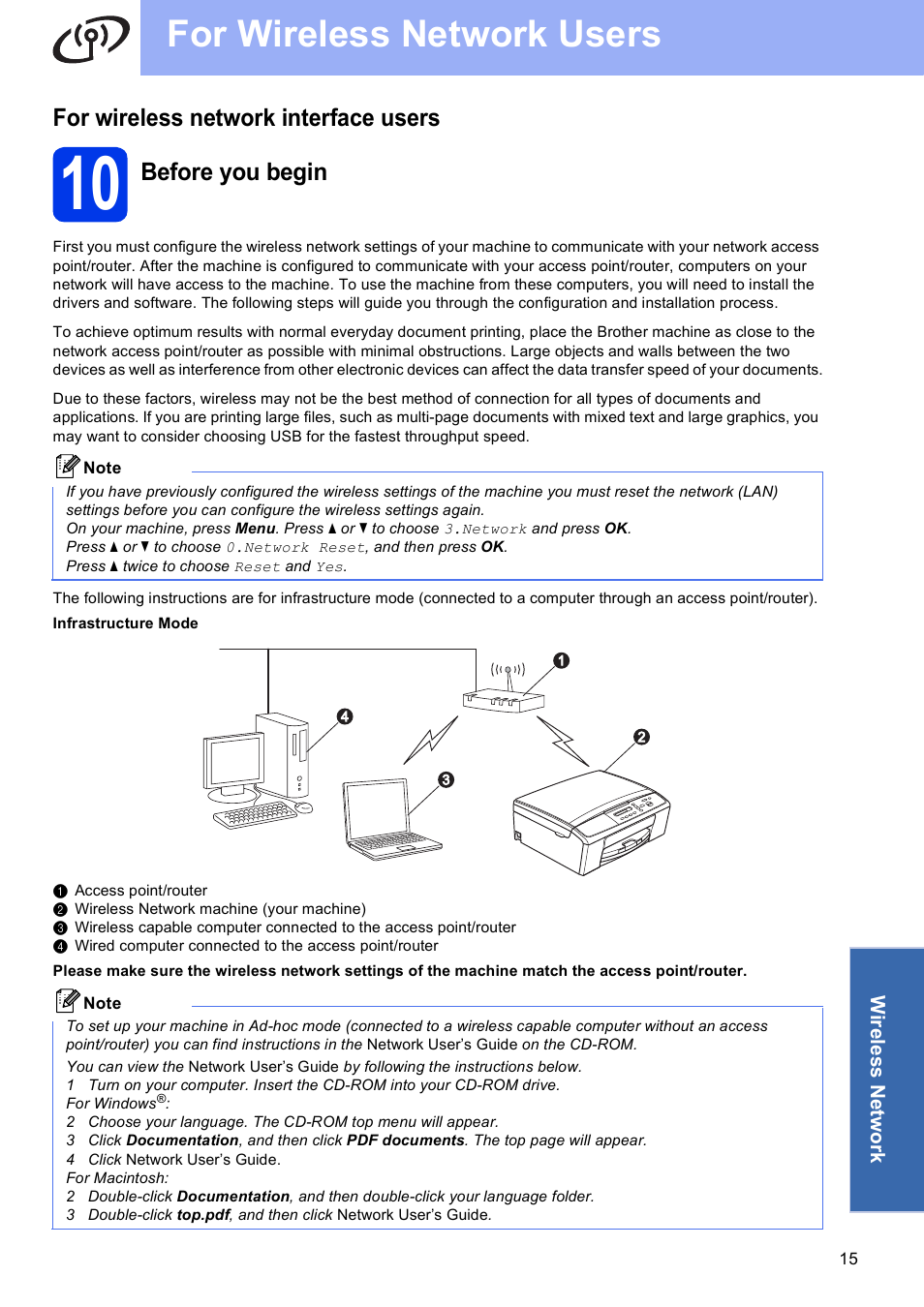For wireless network interface users, 10 before you begin, For wireless network users | Before you begin | Brother DCP-J140W User Manual | Page 15 / 32