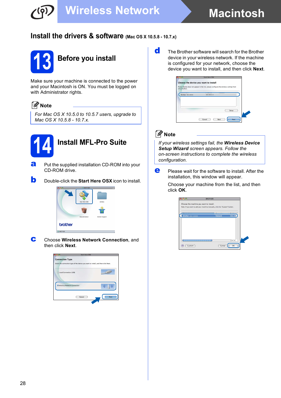 13 before you install, 14 install mfl-pro suite, Macintosh wireless network | Brother DCP-J140W User Manual | Page 28 / 32