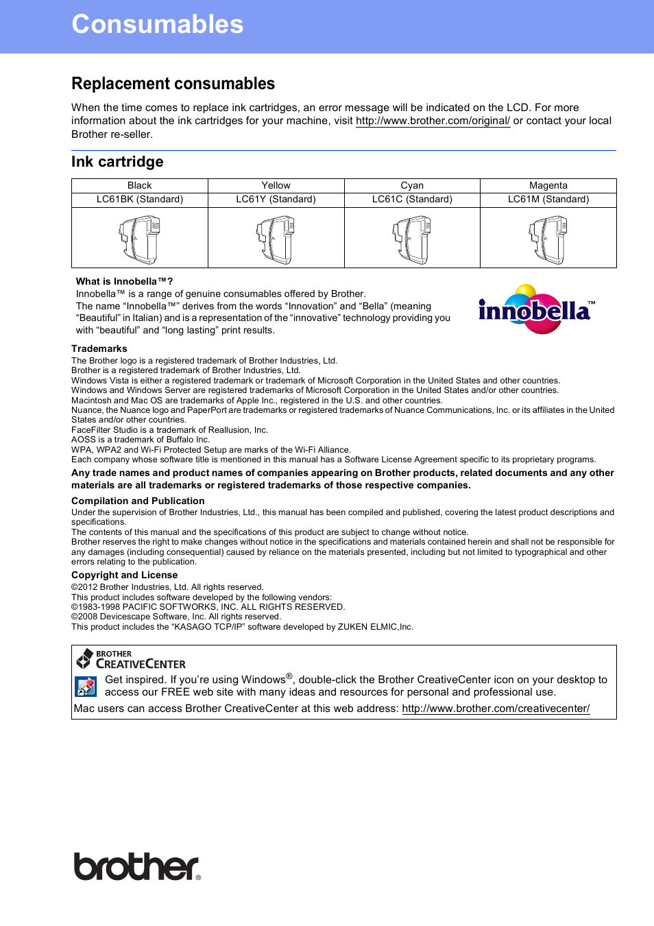 Consumables, Replacement consumables, Ink cartridge | Brother usa/can | Brother DCP-J140W User Manual | Page 32 / 32