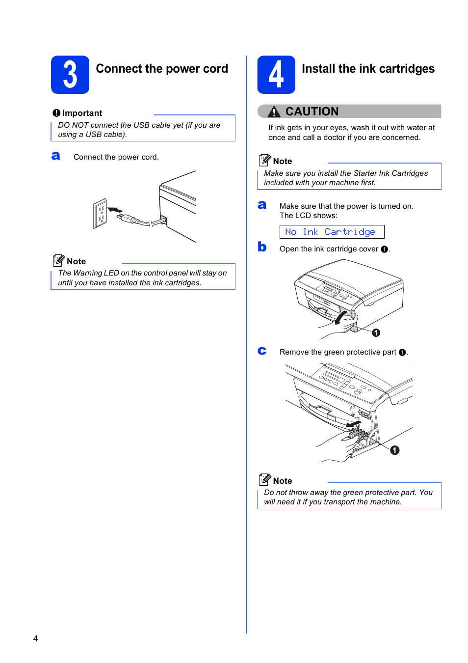 3 connect the power cord, 4 install the ink cartridges | Brother DCP-J140W User Manual | Page 4 / 32