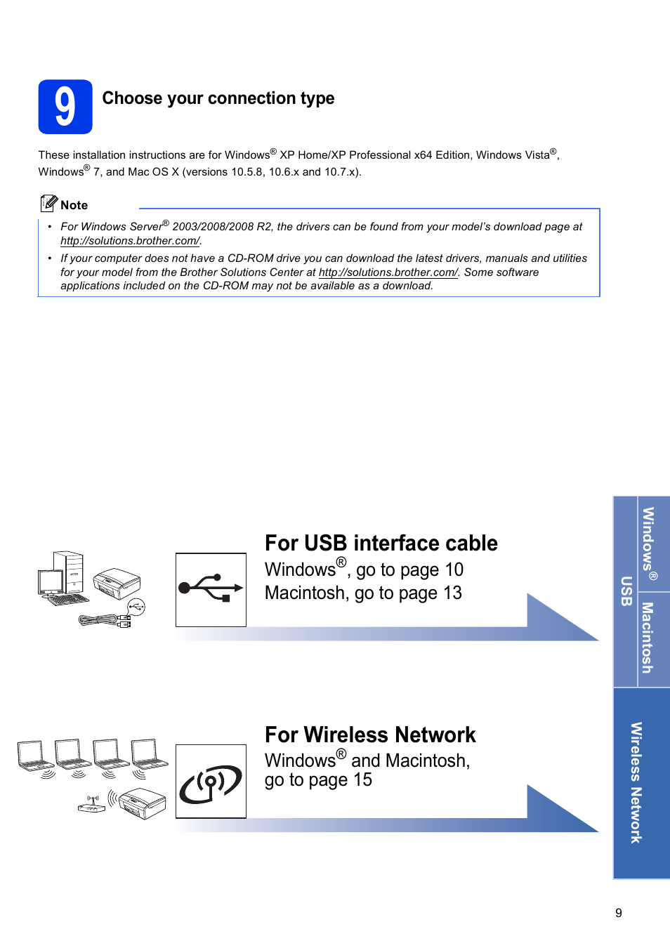 9 choose your connection type, For usb interface cable, For wireless network | Windows, Go to page 10 macintosh, go to page 13, And macintosh, go to page 15, Choose your connection type | Brother DCP-J140W User Manual | Page 9 / 32