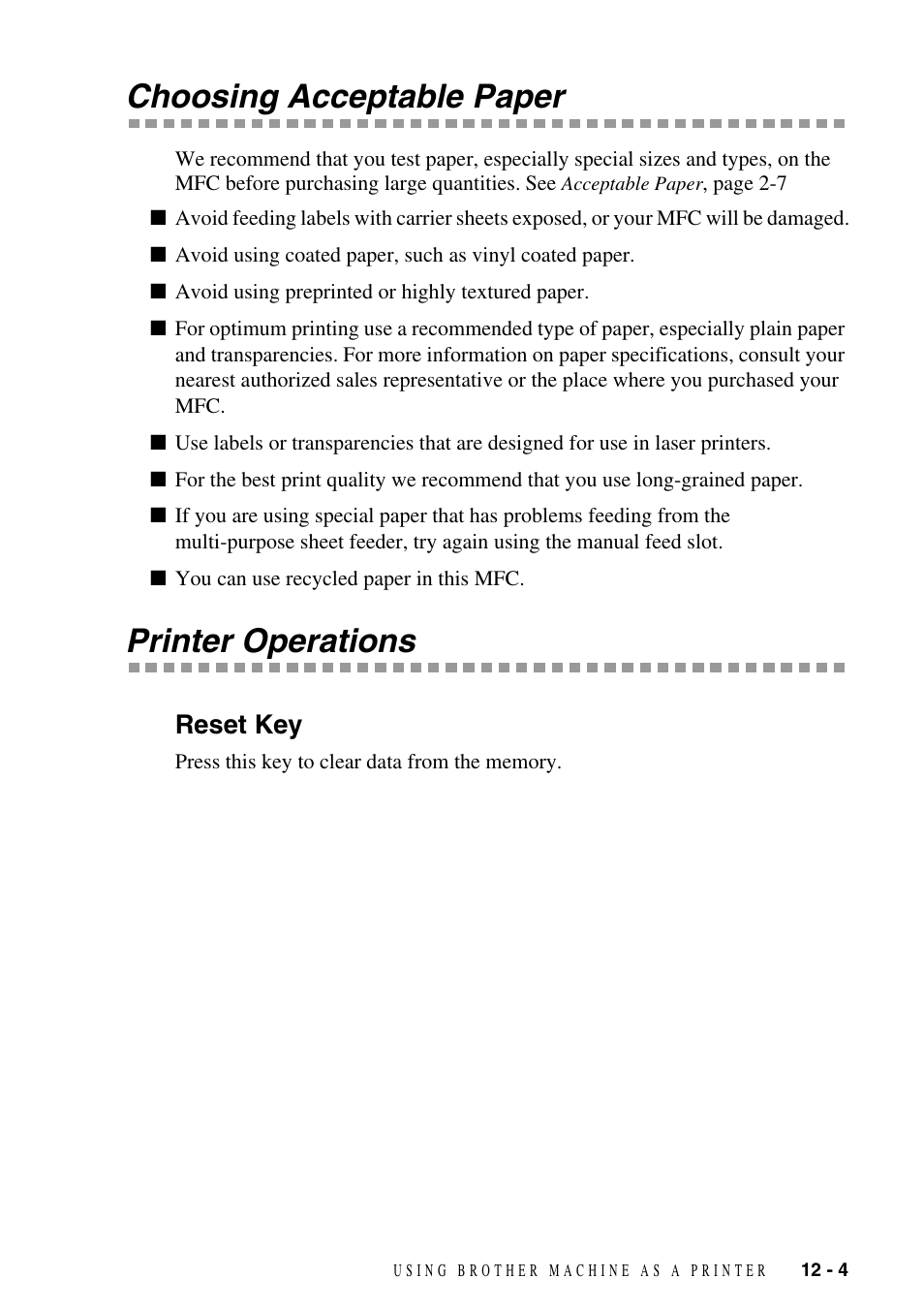 Choosing acceptable paper, Printer operations, Reset key | Choosing acceptable paper -4 printer operations -4, Reset key -4 | Brother MFC-6800 User Manual | Page 101 / 222