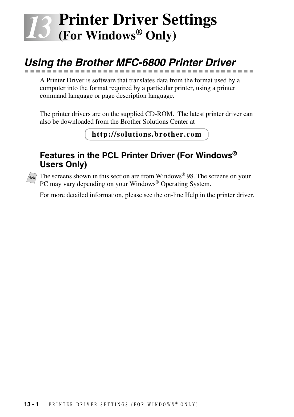 13 printer driver settings (for windows® only), Using the brother mfc-6800 printer driver, Printer driver settings (for windows | Only) -1, Using the brother mfc-6800 printer driver -1, Features in the pcl printer driver, For windows, Users only) -1, Printer driver settings, Only) | Brother MFC-6800 User Manual | Page 102 / 222