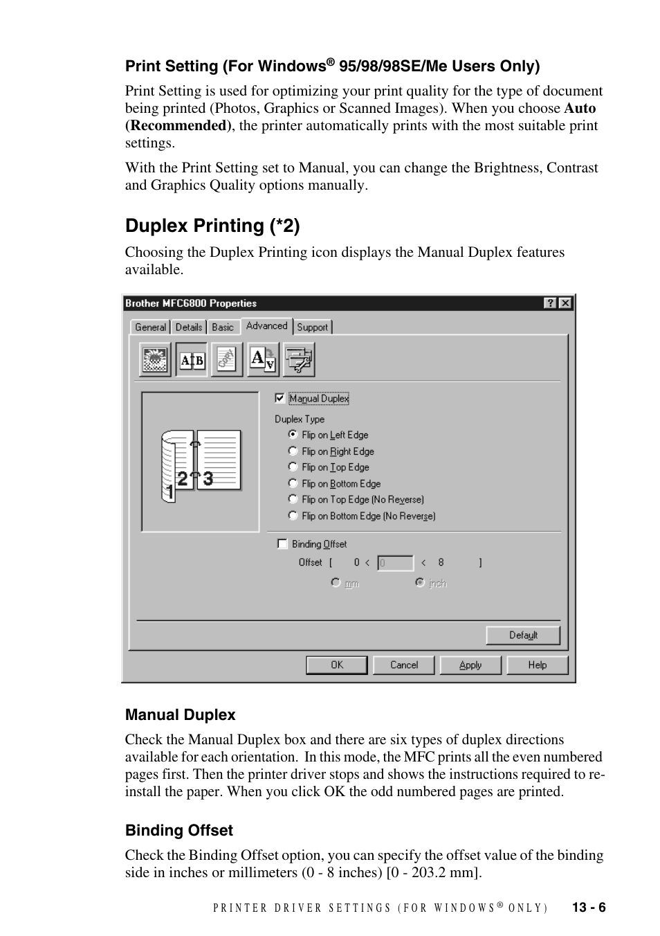 Duplex printing (*2), Manual duplex, Binding offset | Print setting, For windows, 95/98/98se/me users only) -6, Duplex printing (*2) -6, Manual duplex -6 binding offset -6 | Brother MFC-6800 User Manual | Page 107 / 222