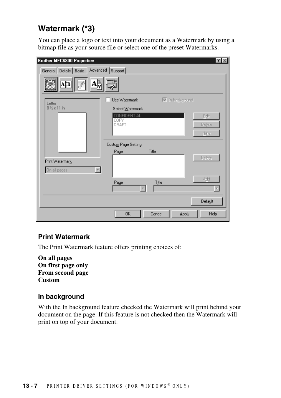 Watermark (*3), Print watermark, In background | Watermark (*3) -7, Print watermark -7 in background -7 | Brother MFC-6800 User Manual | Page 108 / 222