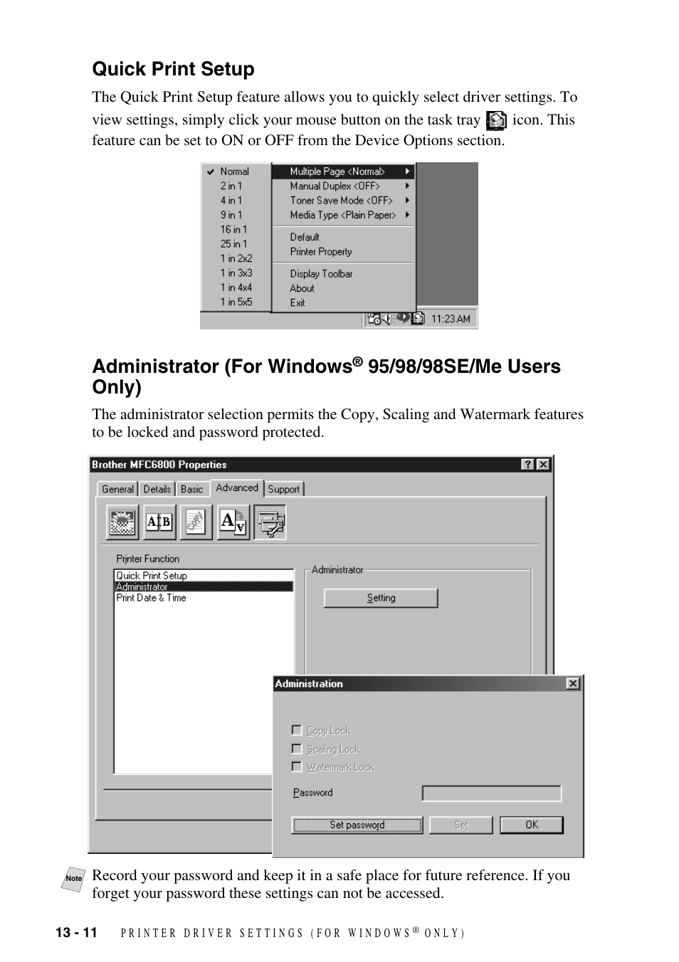 Quick print setup, Quick print setup -11 administrator, For windows | 95/98/98se/me users only) -11, Administrator (for windows | Brother MFC-6800 User Manual | Page 112 / 222