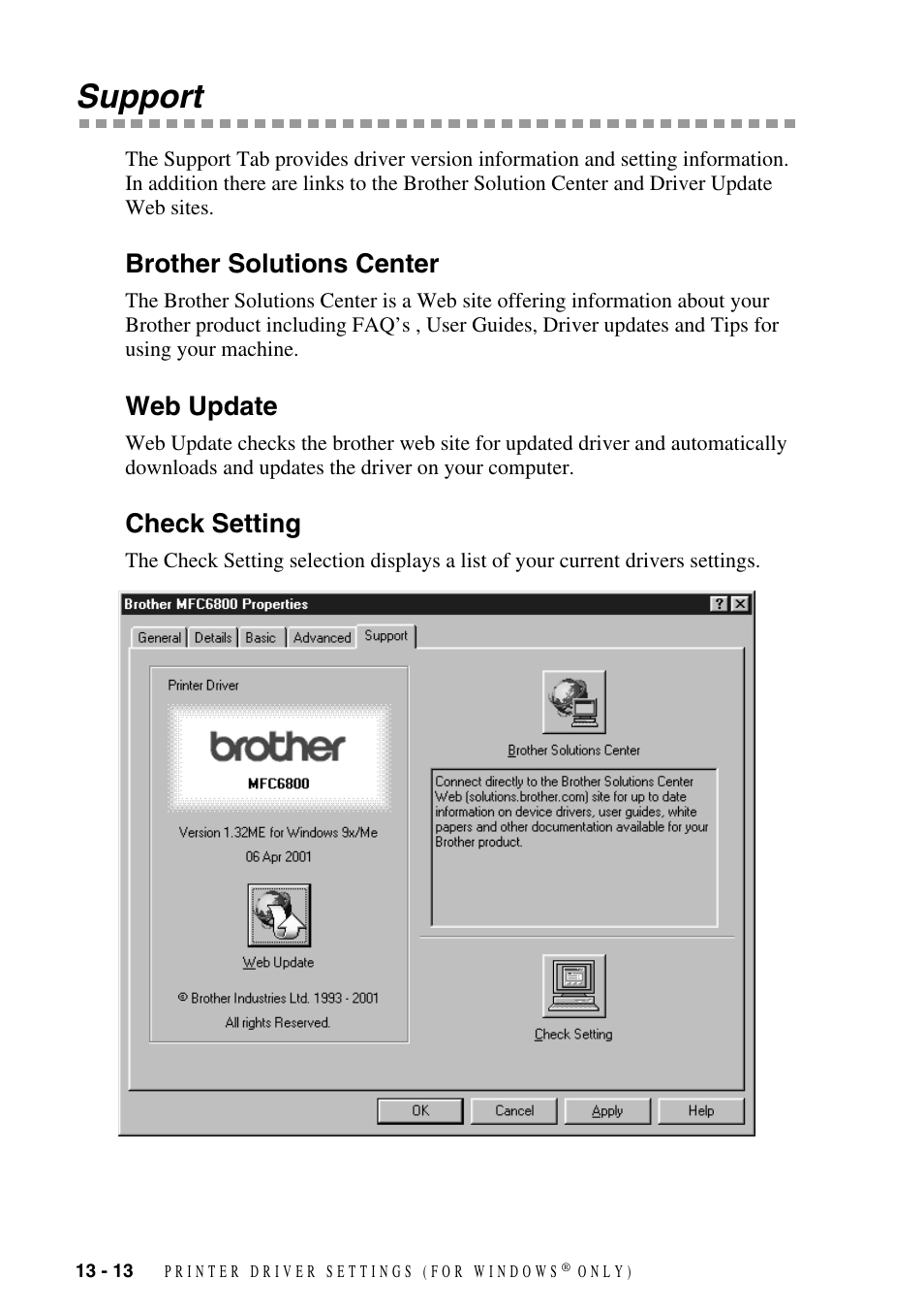 Support, Brother solutions center, Web update | Check setting, Support -13 | Brother MFC-6800 User Manual | Page 114 / 222