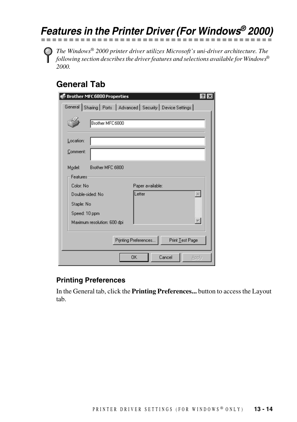 Features in the printer driver (for windows® 2000), General tab, Printing preferences | Features in the printer driver (for windows, General tab -14, Printing preferences -14 | Brother MFC-6800 User Manual | Page 115 / 222