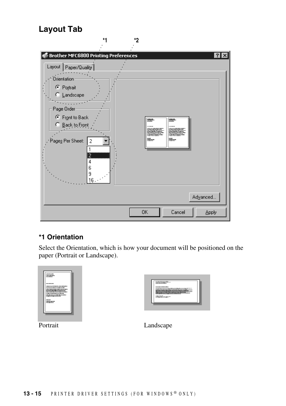 Layout tab, 1 orientation, Layout tab -15 | 1 orientation -15 | Brother MFC-6800 User Manual | Page 116 / 222