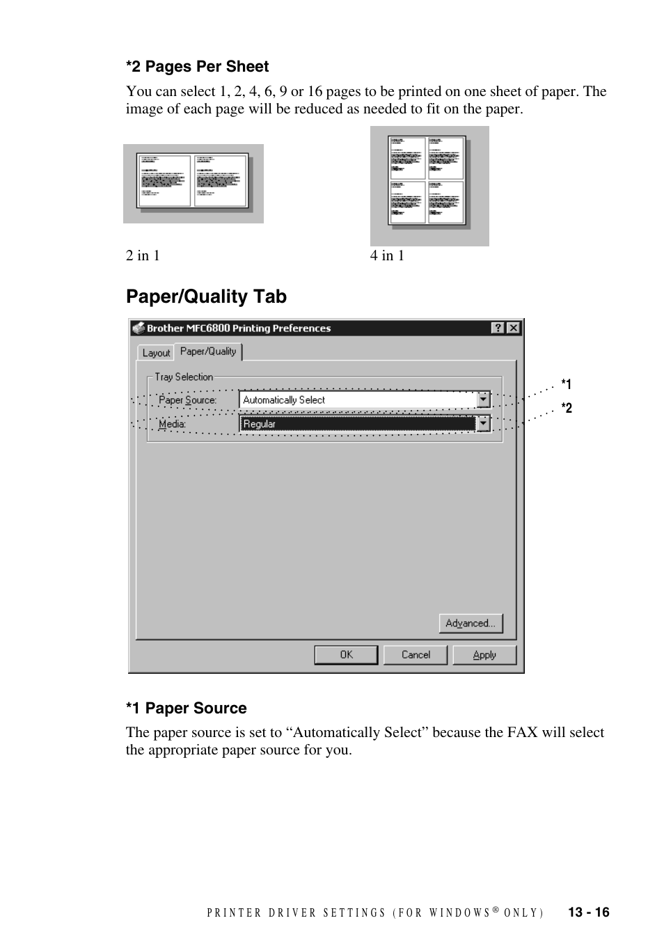 Paper/quality tab, 1 paper source, Paper/quality tab -16 | 1 paper source -16 | Brother MFC-6800 User Manual | Page 117 / 222