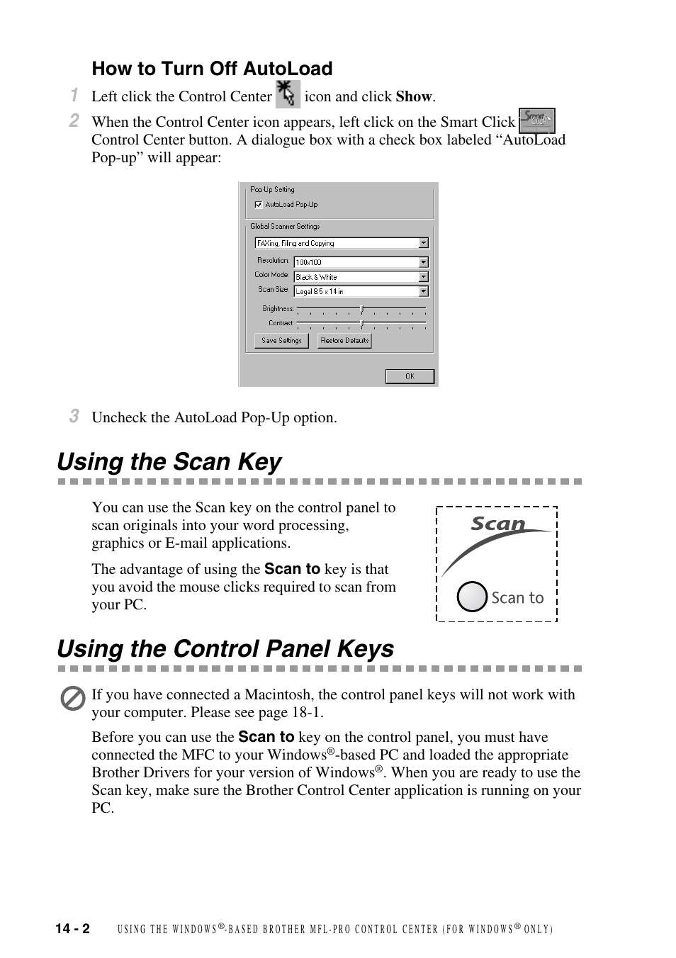 How to turn off autoload, Using the scan key, Using the control panel keys | How to turn off autoload -2, How to turn off autoload 1 | Brother MFC-6800 User Manual | Page 122 / 222