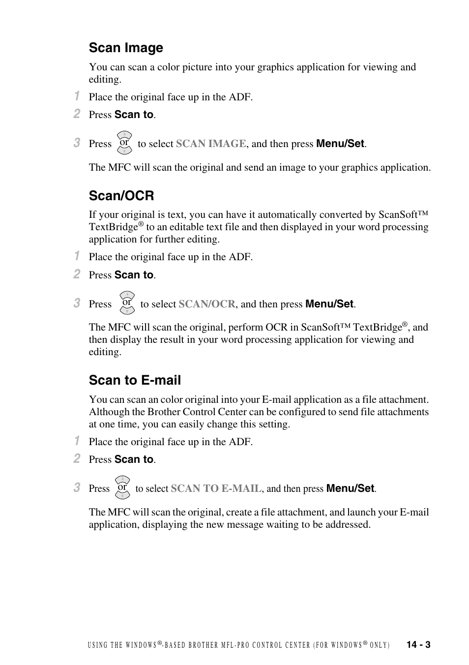 Scan image, Scan/ocr, Scan to e-mail | Scan image -3 scan/ocr -3 scan to e-mail -3 | Brother MFC-6800 User Manual | Page 123 / 222