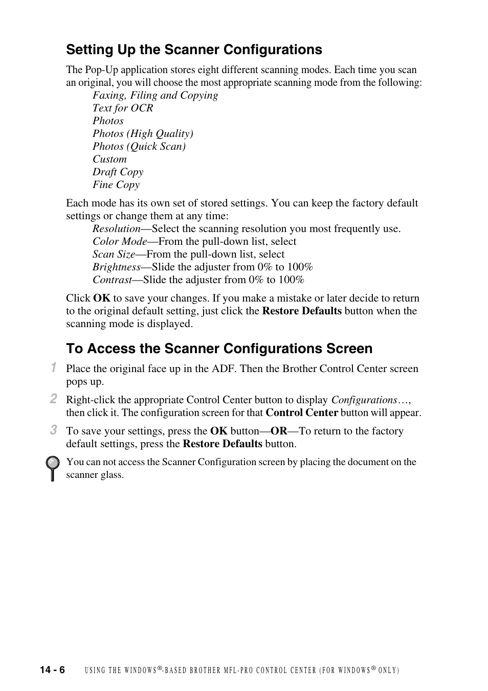 Setting up the scanner configurations, To access the scanner configurations screen | Brother MFC-6800 User Manual | Page 126 / 222